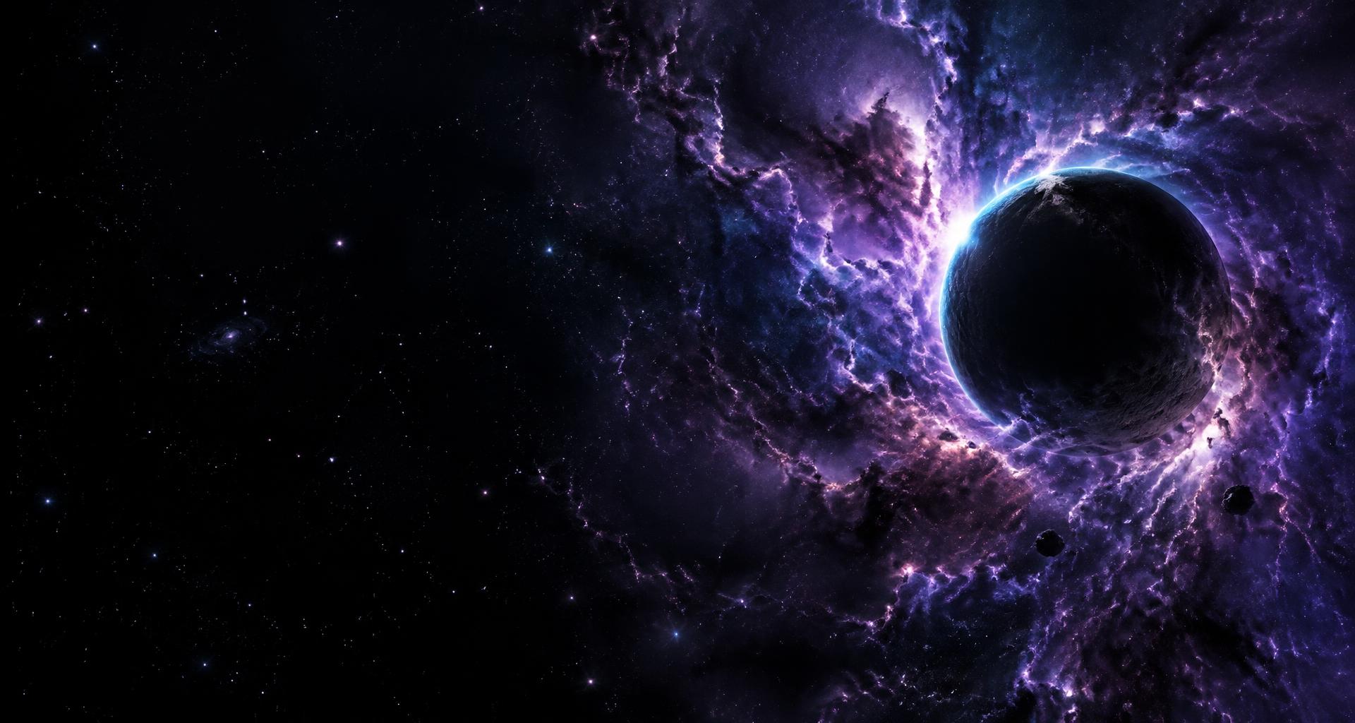 A violet nebula and a cyan-lit planet in deep space